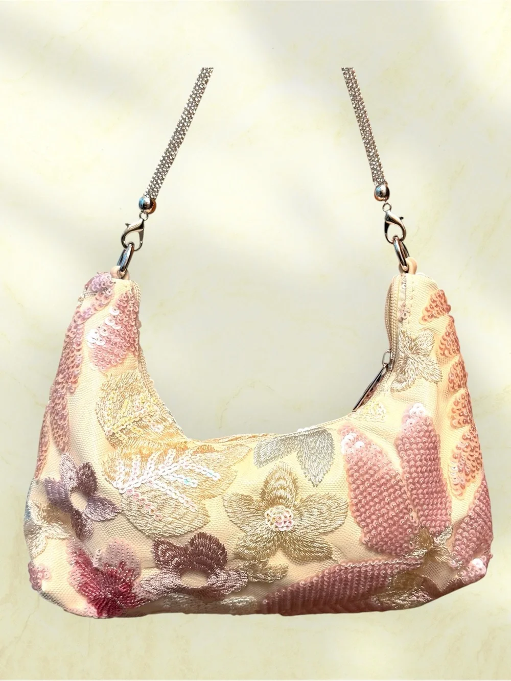 Embroidered Floral Sequin Shoulder Bag in Cream and Pink contrast butterfly - Picture 4 of 4